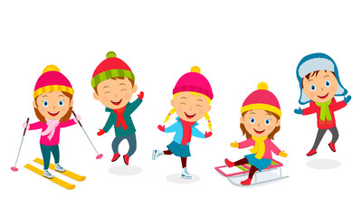 kids play in winter on thq white background