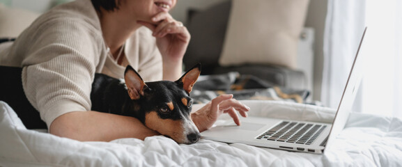 Basenji dog lying with the owner in front of the laptop at home on the bed