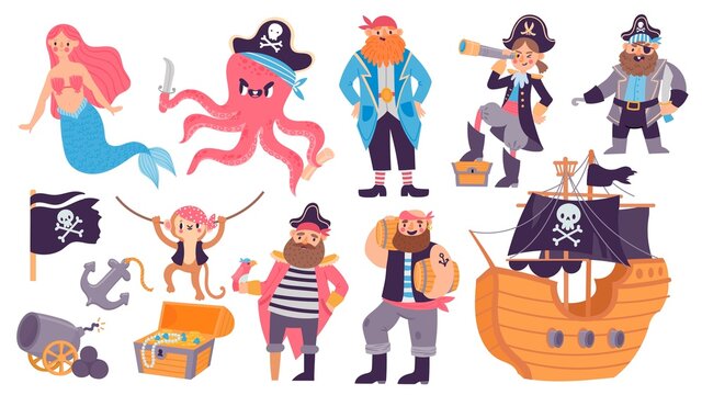 Cartoon pirate ship, treasure, character, animals and mermaid. Kid sea adventure elements, cannon, parrot, chest, anchor and flag vector set