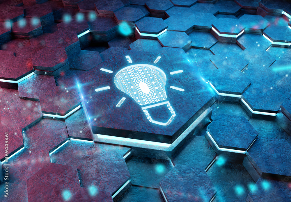 Aufkleber Lightbulb icon creativity concept engraved on metal hexagonal pedestral background. Innovation symbol glowing on abstract digital surface. 3d rendering
