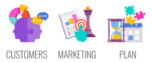 Customers, marketing plan. Marketing mix infographic flat vector illustration.