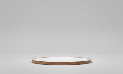 Wooden stage podium background. Mockup of empty circular platform on white. Abstract geometric pedestal. 3D rendering