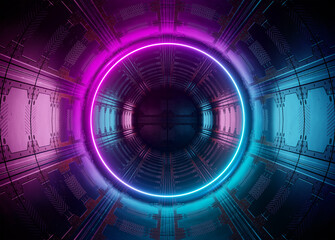 Neon style circle mockup in futuristic piping. Blue and pink modern hologram illuminated by lights in futuristic interior 3D rendering