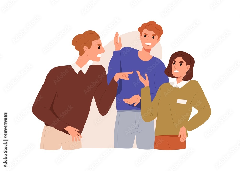 Poster Toxic communication and conflict between colleagues at work. Aggressive behavior of angry employee accusing coworker. Bad relation in office team. Flat vector illustration isolated on white background