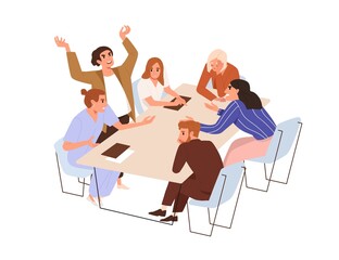 Conflict and disagreement at business meeting. Argument and quarrel between angry people in office. Aggressive tensed team communication. Flat graphic vector illustration isolated on white background - obrazy, fototapety, plakaty