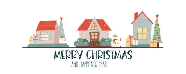 Christmas banner with winter houses and text merry christmas.Winter card with cute houses, tree, a snowman and gifts on a white background. Vector illustration in flat style