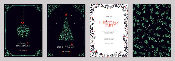 Luxury Corporate Holiday cards with ornate Christmas tree, Christmas ornament, bird, decorative floral frames, background and copy space. Universal artistic templates.