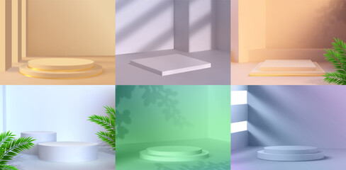 Pastel stages with podiums, palm leaves and plant shadows. 3d green product display platform. Promotion vector scenes with geometric stands