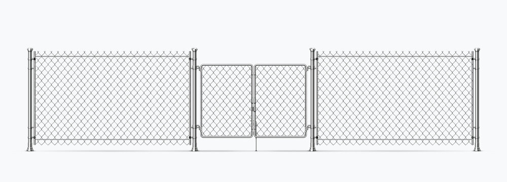 Realistic steel wire fence with gates and metal columns. Barrier chain link mesh with door. 3d prison or military wire border vector element
