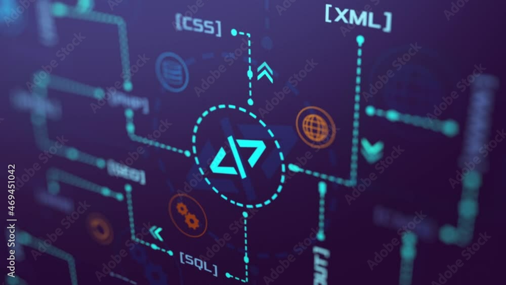 Poster infographic animation, web development concept with keywords and icons (3d render)