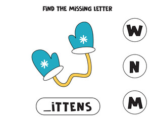Find missing letter with pair of mittens. Spelling worksheet.