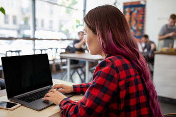 Back view of a young pink hair woman keyboarding on laptop computer with blank copy space screen while sitting in cafe.