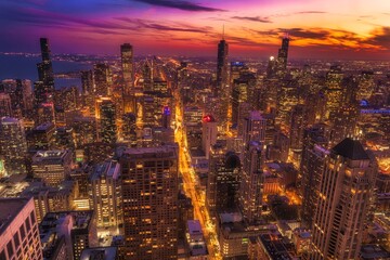 Fototapeta premium This aerial image captures the beauty of Chicago's downtown city skyline at sunset.