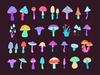 Neon groovy psychedelic poison mushrooms, toadstool and amanita. Cartoon trippy bright mushroom. Flat surreal magic hippie fungus vector set - obrazy, fototapety, plakaty
