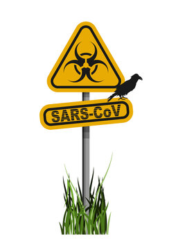 Road sign with biohazard emblem and inscription sign - SARS CoV. On the sign sits a black crow. Below is grass. Icon, symbol. Vector illustration