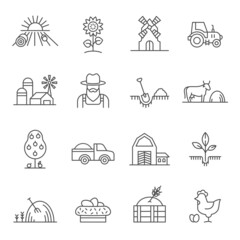 Farm line icon, tractor, farmer, fields and straw. Agriculture landscape with natural products, mill, cow and chicken. Rural logo vector set