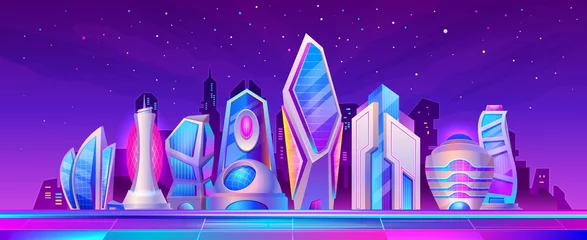 Rolgordijnen Violet Cartoon futuristische nacht stadslandschap met neonlicht. Cyberpunk toekomstige metropool straat met wolkenkrabbers. Fictie stadsgezicht vector scene