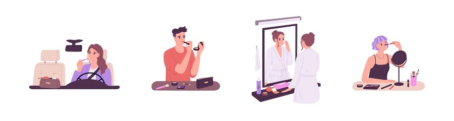 Women doing makeup set. Beauty routine in front of mirror with cosmetic bag, applying mascara, lipstick and powder for eyes, lips, skin make-up. Flat vector illustration isolated on white background