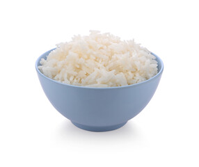 Rice in blue bowl isolated on white background