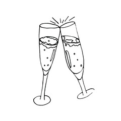 A glasses of champagne.Hand-painted illustration.Doodle illustration.