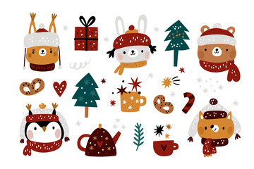 Christmas collection with forest animals characters. Squirrel, rabbit, bear, owl, fox and holiday decor elements. Winter holiday set with cartoon baby animals for kid. Festive xmas illustration