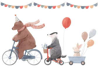 Beautiful image with cute hand drawn watercolor animals on bikes and air baloons. Birthday party bear badger rabbit celebration. Stock baby illustration.