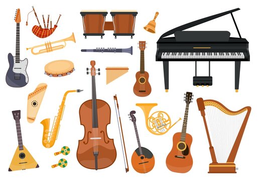 Cartoon classical music instruments, piano, trombone and harp. Folk orchestra equipment, tambourine, pipes, ukulele and guitar vector set