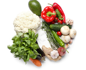 Paper sheet with text MEAL PLAN and fresh vegetables on white background