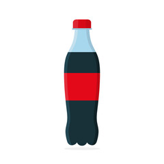 Soda bottle. Plastic bottle with drink. Icon of drink. Red fizzy drink caffeine and sugar. Black cold soft water. Beverage in container with cap. Logo of cool soda isolated on white background. Vector