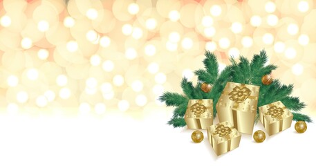 Christmas New Year template. Bokeh light background, golden gift boxes, brilliant golden balls, glitter, christmas tree branch. Social media, social network, copy space for text. Vector illustration