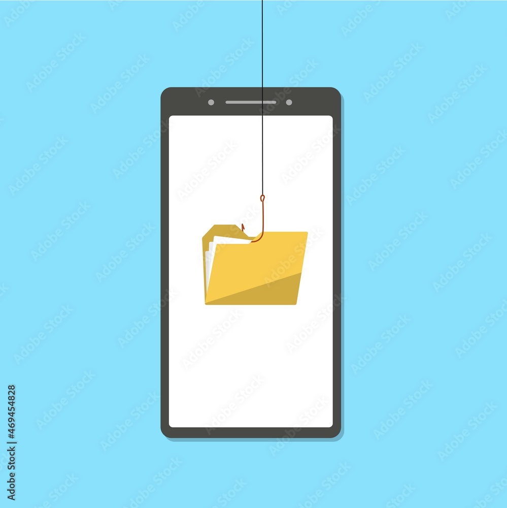 Poster Hacker stealing sensitive data, personal information as passwords from a smartphone useful for anti phishing and internet viruses.