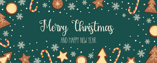 Christmas banner with cookies centered on the text Merry Christmas.Gingerbread cookies with snowflakes and candies. Vector illustration in flat style. Greeting card.