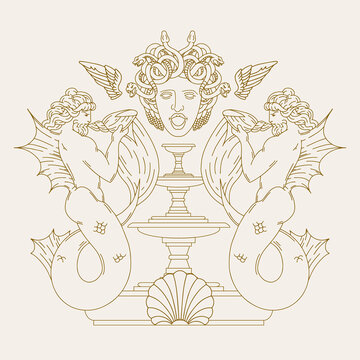 Vector hand drawn minimalistic illustration. Creative artwork with goddess, fountain, shell, triton, medusa.  Template for card, poster, banner, print for t-shirt, pin, badge, patch.