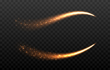 Set of vector magic glow. Gold dust PNG. A glittering trail of dust. Fairy dust, glowing trail, line of light. Christmas light.