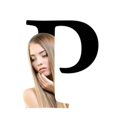 Letter P, concept alphabet design with beauty portrait of young attractive woman's face. Conceptual fashion fount