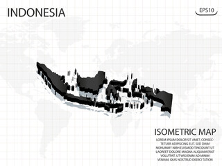 3D Map black of Indonesia on world map background .Vector modern isometric concept greeting Card illustration eps 10.