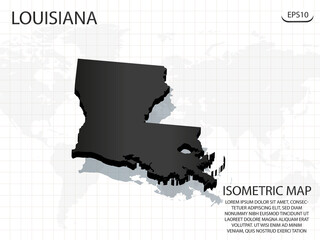 3D Map black of Louisiana on world map background .Vector modern isometric concept greeting Card illustration eps 10.