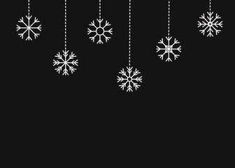 Six white hanging snowflakes. Merry Christmas. Snowflake winter icon set. Dash line. Happy New Year decoration sign symbol. Xmas paper craft. Snow flake. Frozen shape. Black background. Flat design.