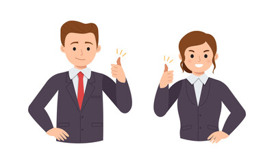 Male and female office worker give thumbs up gesture. Flat vector cartoon design