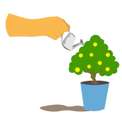 human hand is watering potted tree with coins from watering can. concept of plant growth, the growth of coins, money, earnings. For the result, you need to invest your strength. Vector