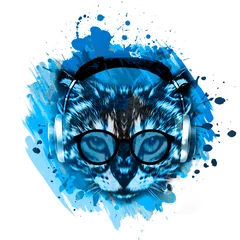 Poster Acid cats  head in eyeglasses and headphones illustration on white background with colorful creative elements © reznik_val