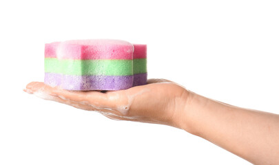 Woman holding bath sponge with foam on white background, closeup