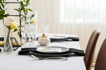Beautiful table setting for wedding celebration in restaurant