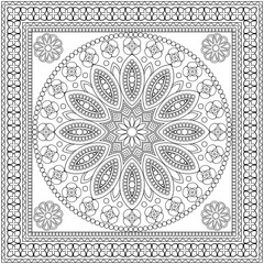 Vector coloring. Geometric floral pattern in an openwork frame. Contour drawing on a white background.