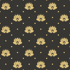 Seamless elegant pattern with lotus flower and dots decoration in rhombus shapes in golden color on black background