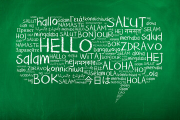Hello in different languages in speech bubble on chalkboard