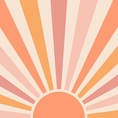 Let the sunshine in retro style illustration with colorful (orange, pink) sun rays on pastel pink background for summer lovers - 469459460