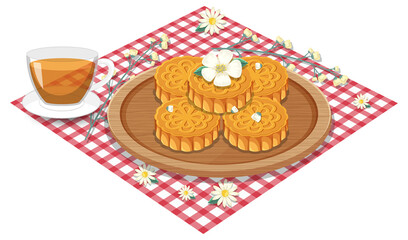 Pile of mooncakes with teacup set on tablecloth