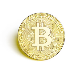 Gold bitcoin coin close-up isolated on white background the top view. Virtual money and digital crypto currency concept.