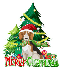 Merry Christmas font with Beagle dog and Christmas tree